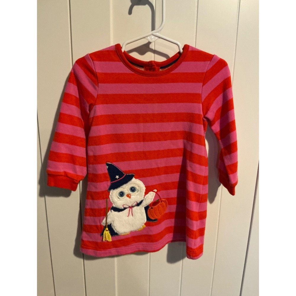 Baby Boden Halloween Owl Witch Stripe Sweatshirt Dress Pink Orange 9-12M